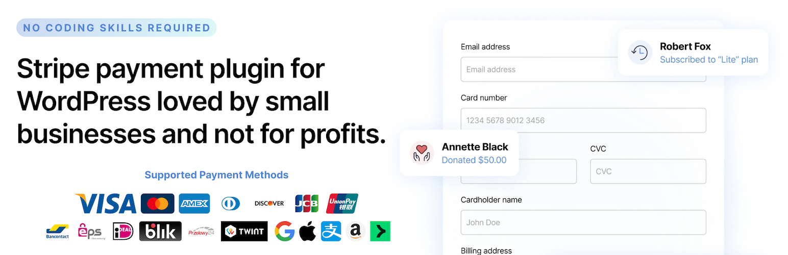 Official WordPress.org listing banner for WP Full Pay with Stripe payment and donation form artwork