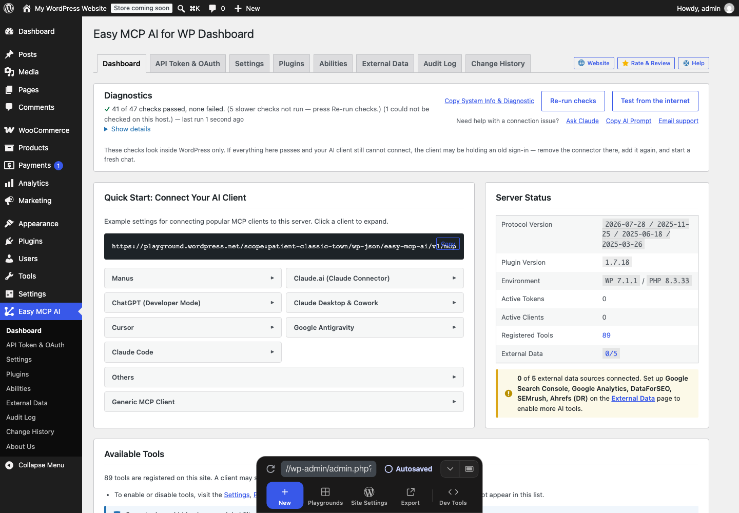 Easy MCP AI dashboard in WordPress admin showing the store's MCP address for connecting AI clients