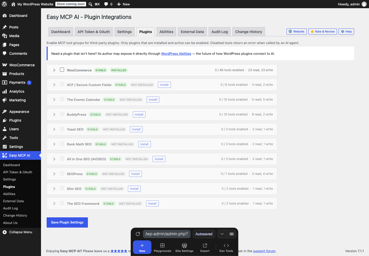 Easy MCP AI Plugins tab in WordPress admin showing the WooCommerce integration with 46 tools, 23 read and 23 write